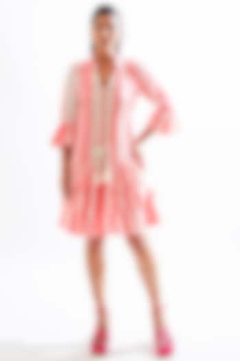 Pink & White Ruffled Dress With Print by Cin Cin
