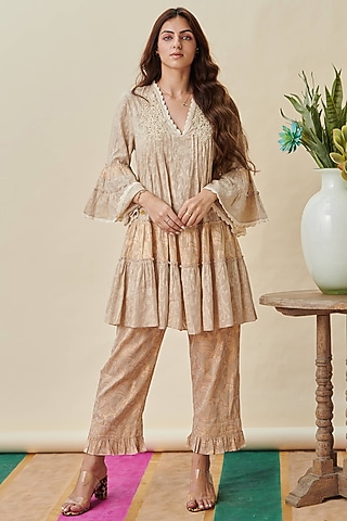 Beige A-Line Circular Kurta Set by Cin Cin
