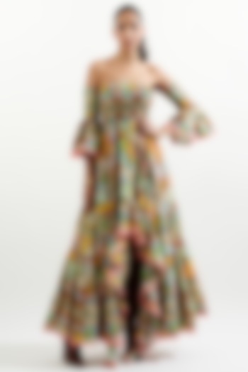 Multi-Colored Cotton Printed Off-Shoulder Dress  by Cin Cin