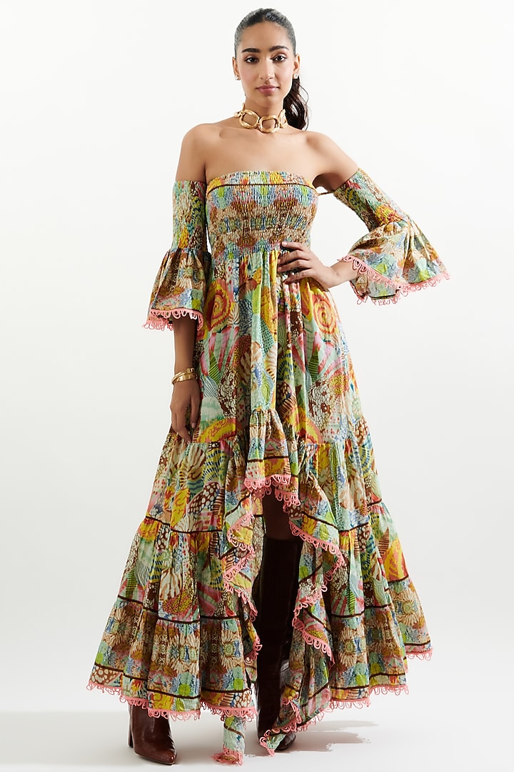 Multi-Colored Cotton Printed Off-Shoulder Dress  by Cin Cin