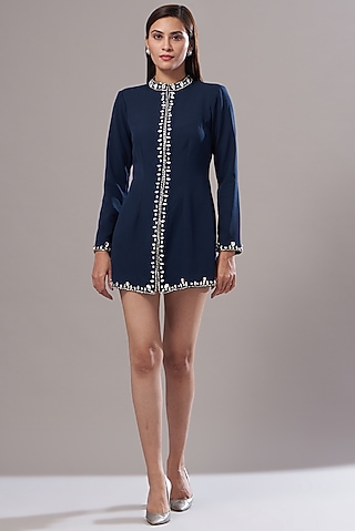 Blue Embellished Mini Dress by Cin Cin