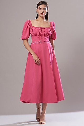 Pink Banana Crepe Midi Dress by Cin Cin