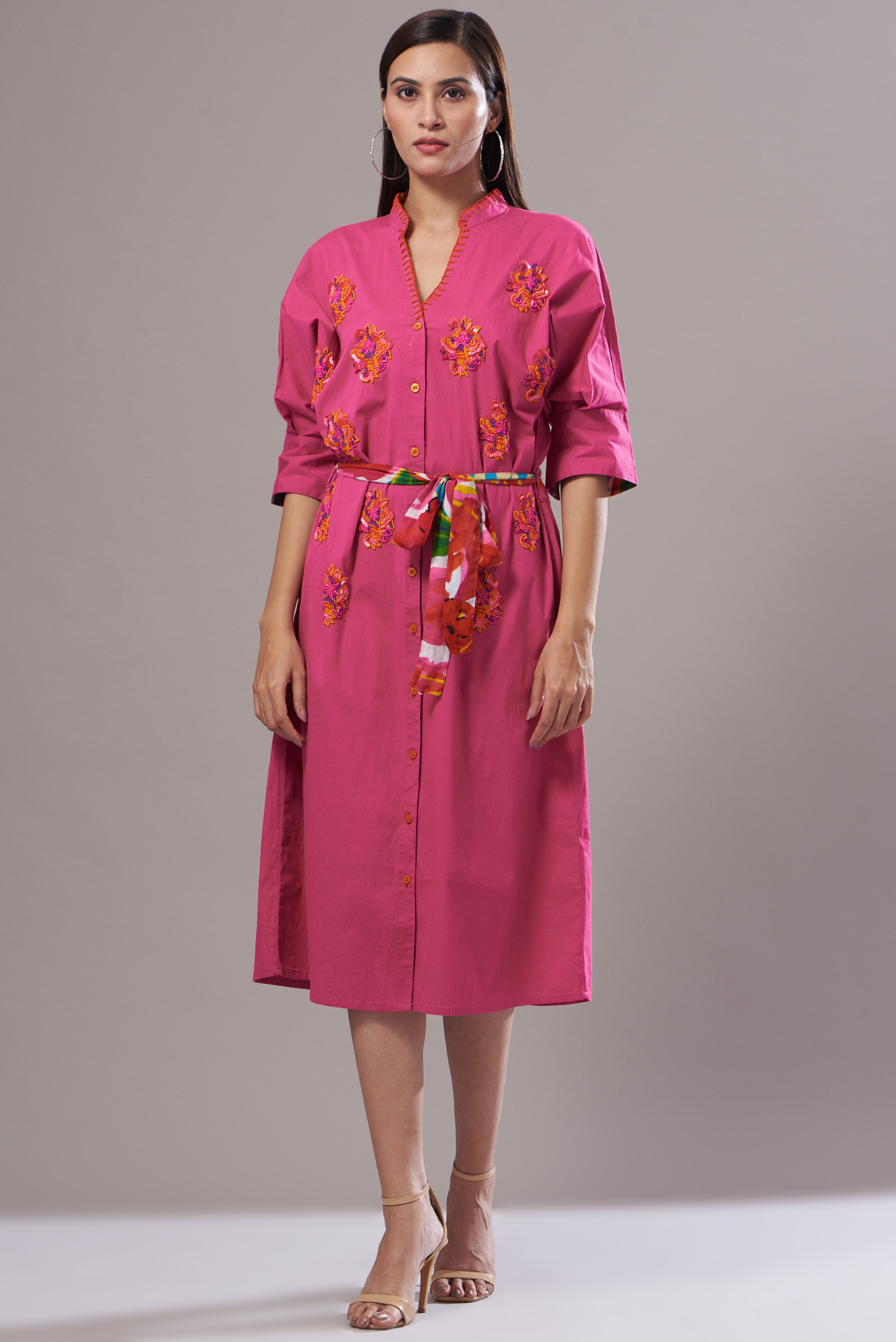 Fuchsia Poplin A-line Midi Dress by Cin Cin