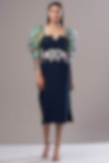 Blue Crepe Embellished Dress by Cin Cin