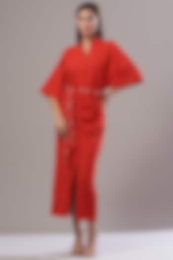 Red Crepe Long Shirt Dress With Belt by Cin Cin