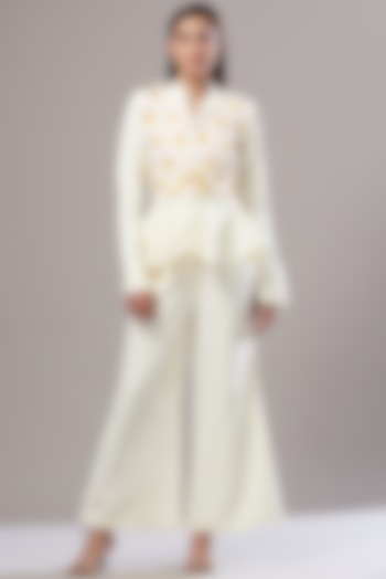 Off-White Embellished Blazer Set by Cin Cin