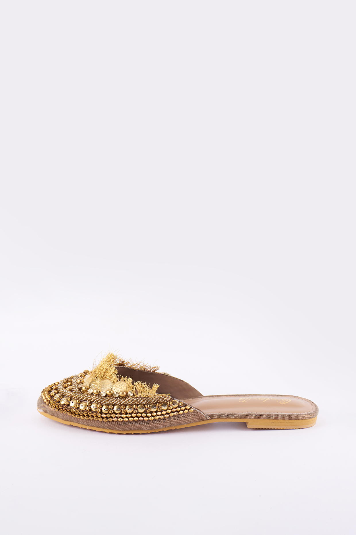 Gold Polyurethane Flats by Cinderella by Heena Yusuf at Pernia's Pop Up Shop
