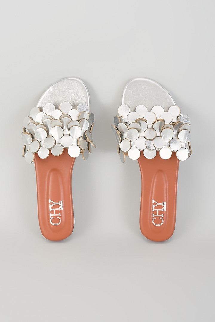 Silver PU Handcrafted Flats by Cinderella by Heena Yusuf at Pernia's Pop Up Shop