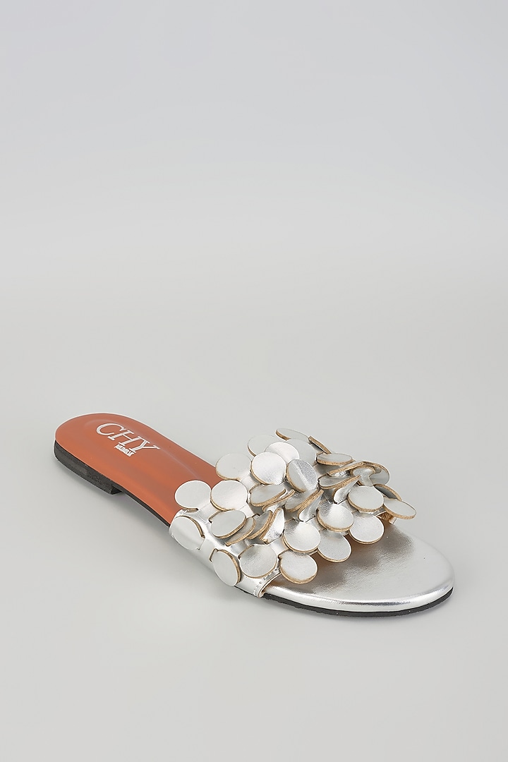 Silver PU Handcrafted Flats by Cinderella by Heena Yusuf at Pernia's Pop Up Shop