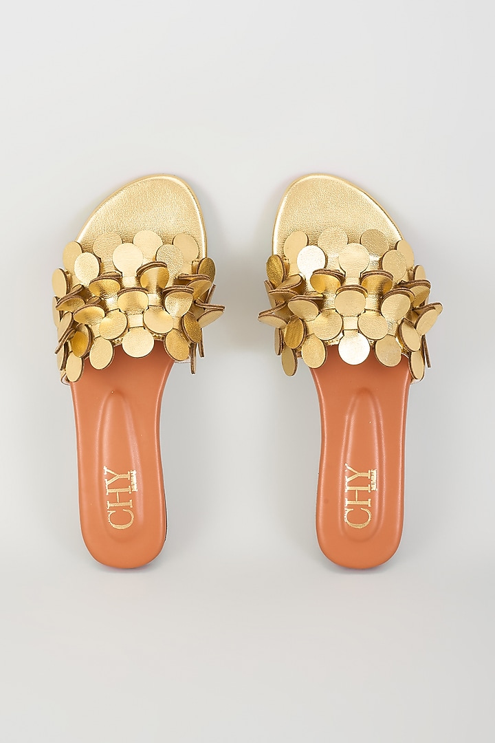 Gold PU Handcrafted Flats by Cinderella by Heena Yusuf at Pernia's Pop Up Shop