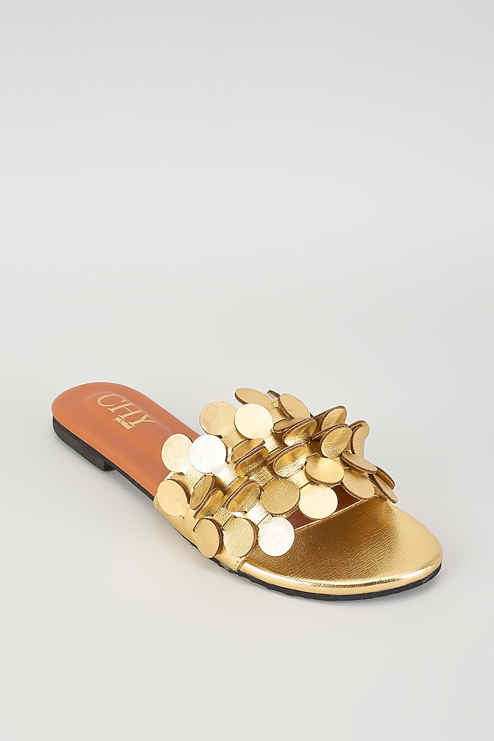 Gold PU Handcrafted Flats by Cinderella by Heena Yusuf at Pernia's Pop Up Shop