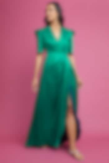 Emerald Green Pure Cotton Satin Party Wear Gown by The Circus by Sana Shah Bhattad at Pernia's Pop Up Shop