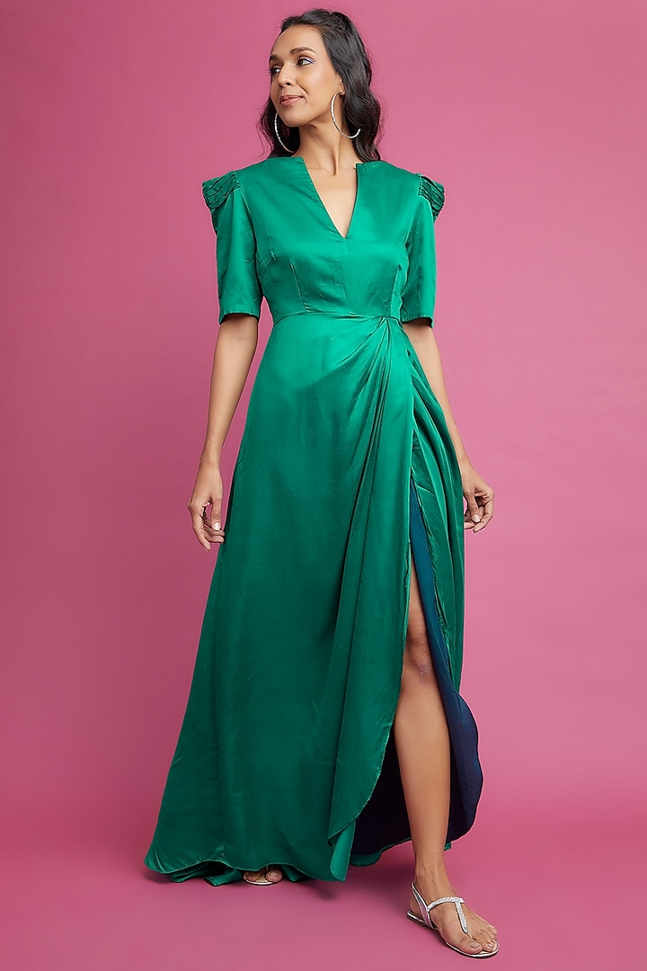 Emerald Green Pure Cotton Satin Party Wear Gown by The Circus by Sana Shah Bhattad at Pernia's Pop Up Shop