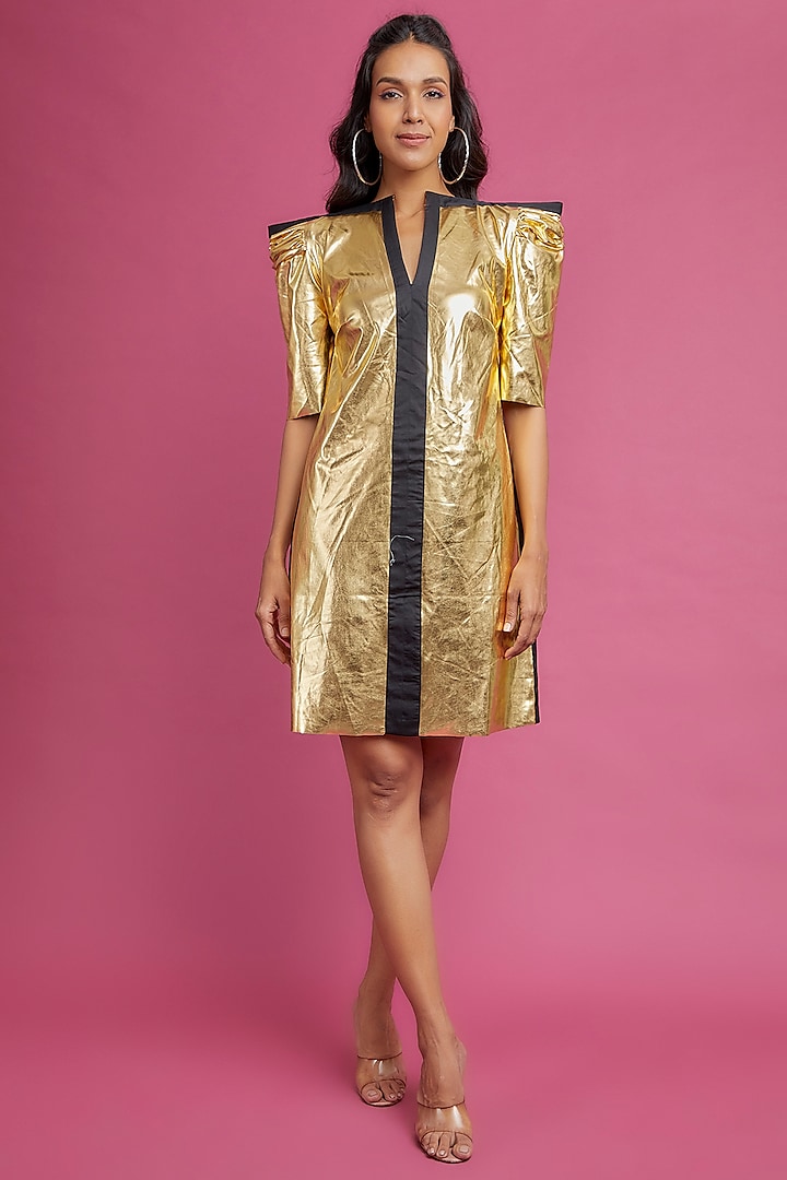 Gold Lycra Mini Dress by The Circus by Sana Shah Bhattad