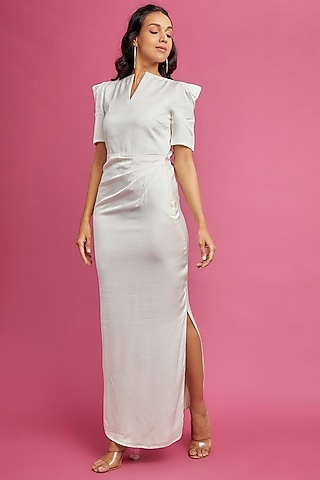 White Pure Cotton Satin Gown by The Circus by Sana Shah Bhattad