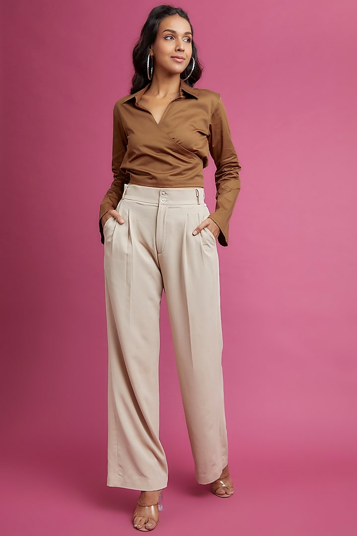 Brown Pure Egyptian Cotton Cropped Shirt by The Circus by Sana Shah Bhattad
