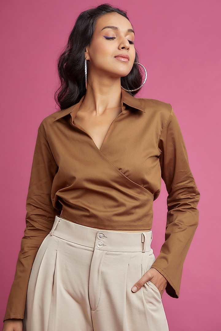Brown Pure Egyptian Cotton Cropped Shirt by The Circus by Sana Shah Bhattad at Pernia's Pop Up Shop