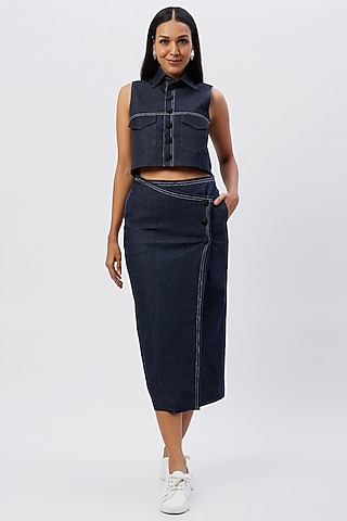 Cobalt Blue Denim Wrap Skirt by The Circus by Sana Shah Bhattad
