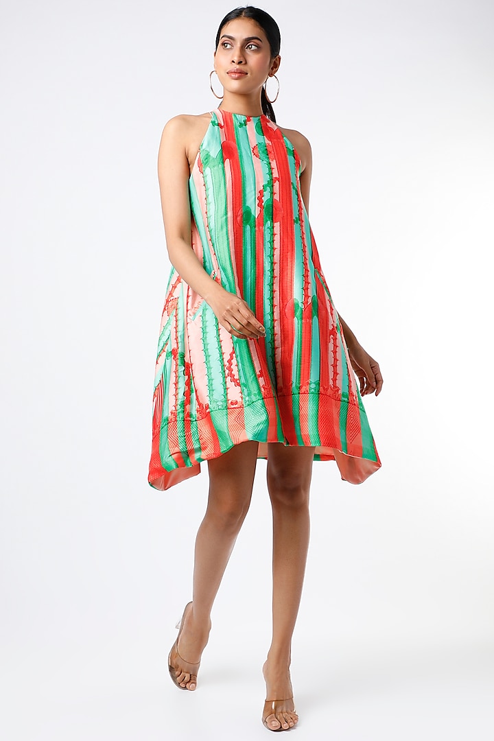 Peach & Mint Green Printed A-Line Dress by The Circus by Sana Shah Bhattad