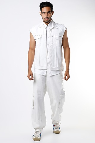 White Soft Denim Biker Jacket by The Circus by Sana Shah Bhattad Men