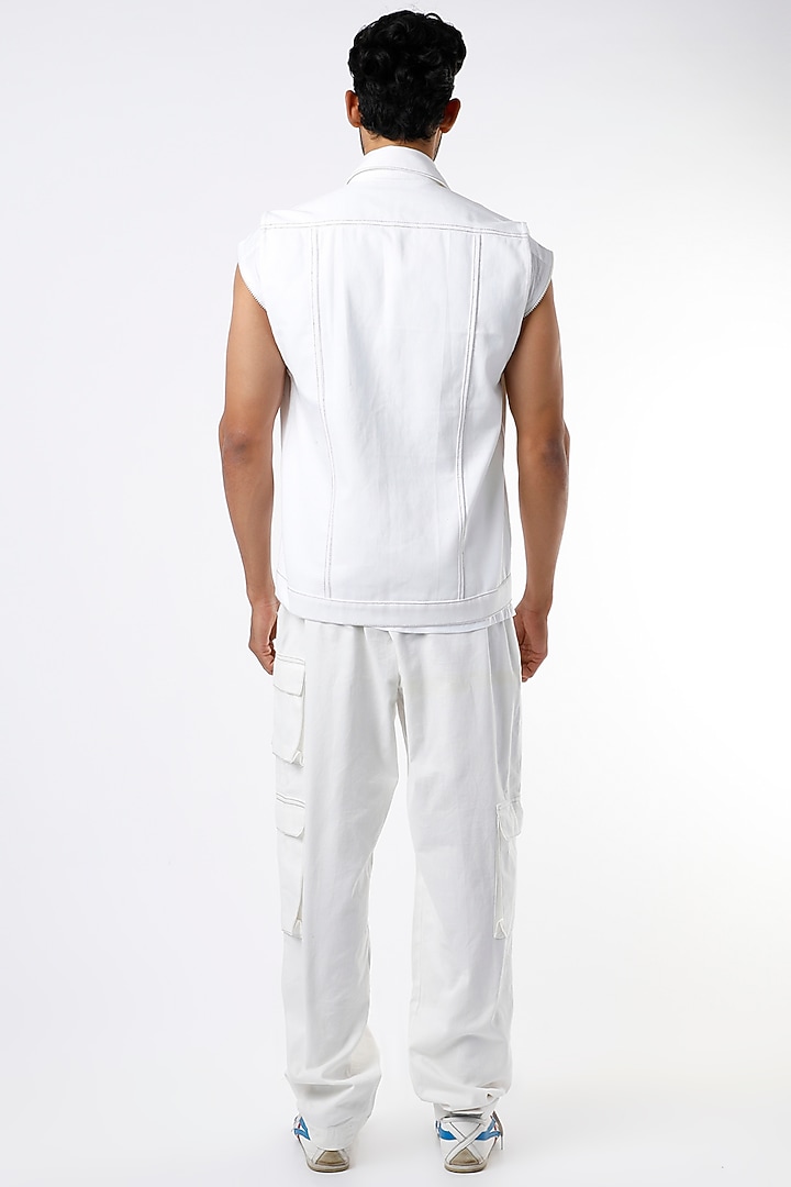 White Soft Denim Biker Jacket by The Circus by Sana Shah Bhattad Men at Pernia's Pop Up Shop