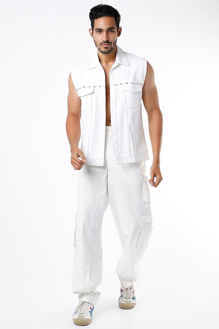White Soft Denim Cargo Pants by The Circus by Sana Shah Bhattad Men
