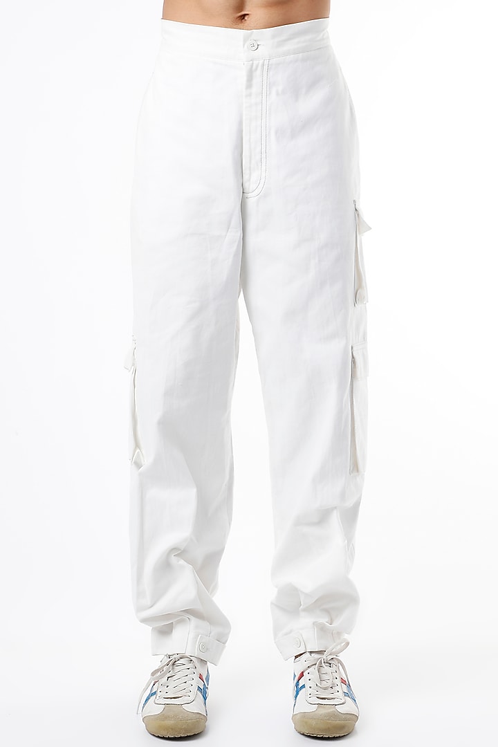White Soft Denim Cargo Pants by The Circus by Sana Shah Bhattad Men at Pernia's Pop Up Shop