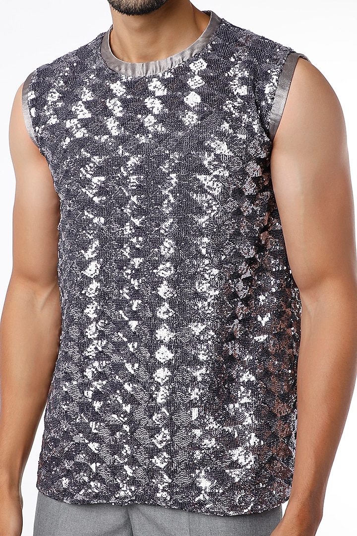 Grey Sequins Vest by The Circus by Sana Shah Bhattad Men at Pernia's Pop Up Shop