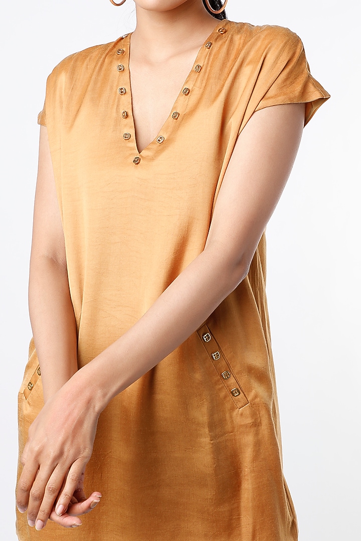 Gold Drop Shoulder Mini Summer Dress by The Circus by Sana Shah Bhattad at Pernia's Pop Up Shop