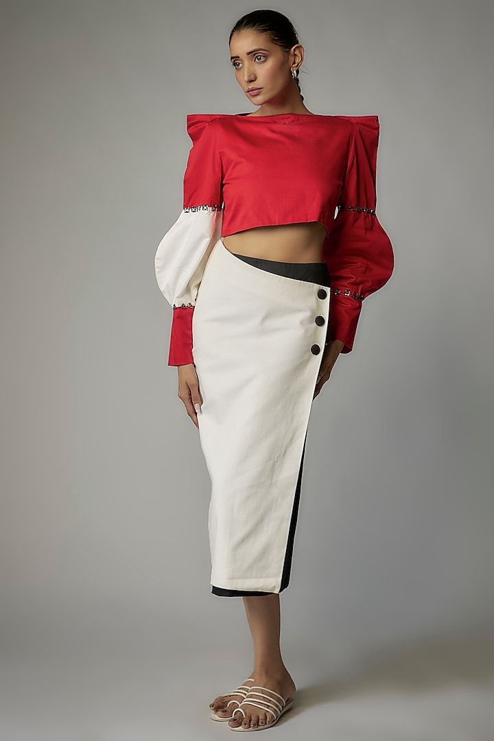 White Egyptian Cotton Asymmetric Pencil Skirt Set by The Circus by Sana Shah Bhattad