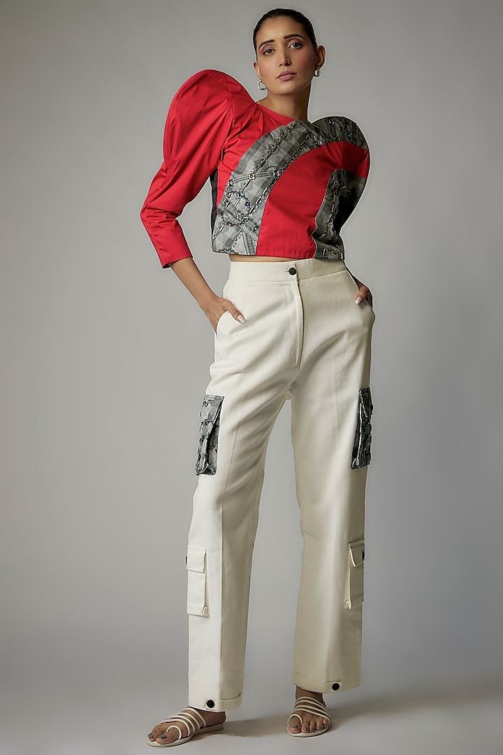White Soft Denim Cargo Pant Set by The Circus by Sana Shah Bhattad