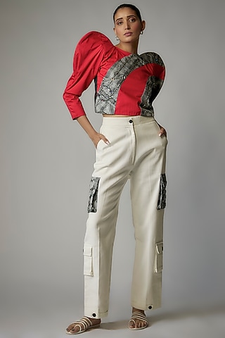 White Soft Denim Cargo Pant Set by The Circus by Sana Shah Bhattad