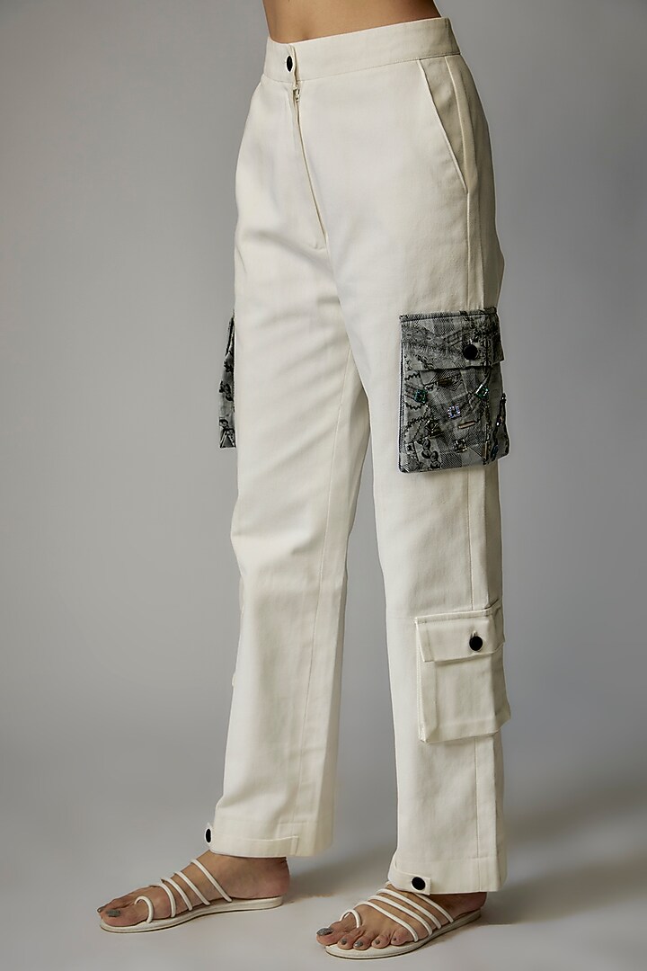 White Soft Denim Cargo Pant Set by The Circus by Sana Shah Bhattad at Pernia's Pop Up Shop