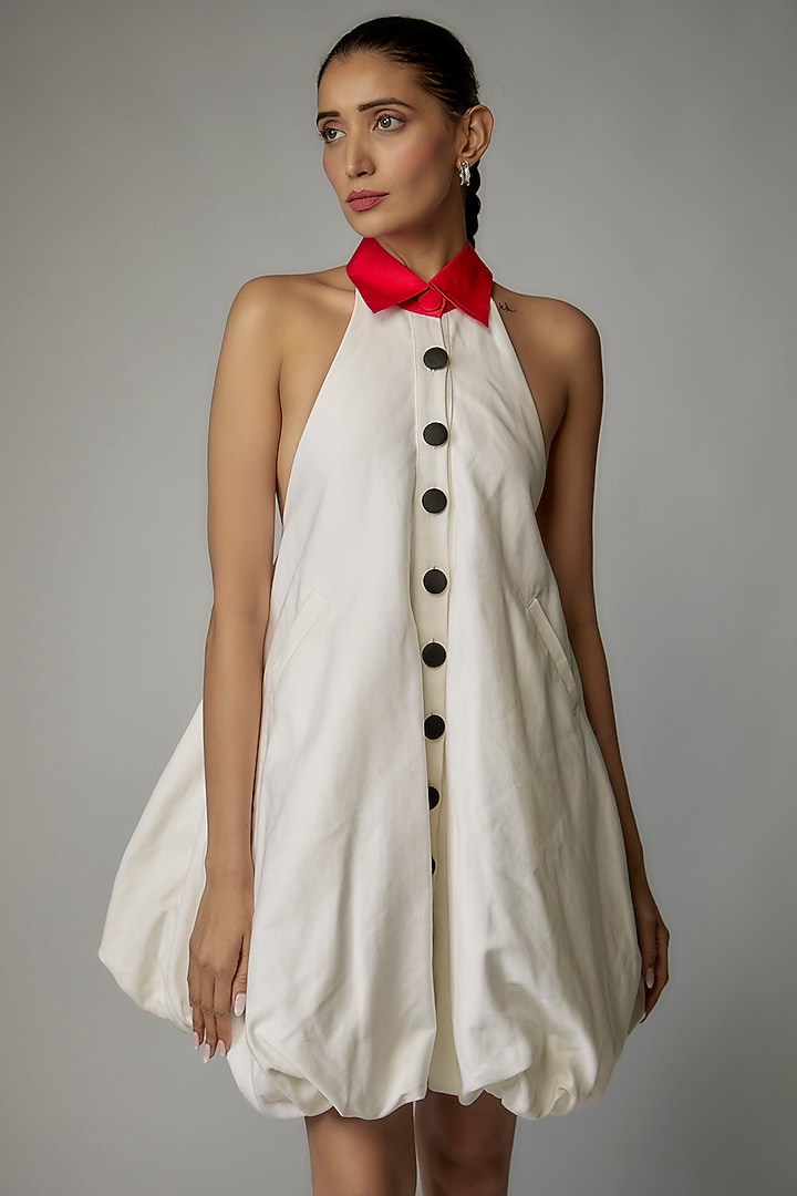 White Soft Denim Flared Balloon Vacation Dress by The Circus by Sana Shah Bhattad at Pernia's Pop Up Shop