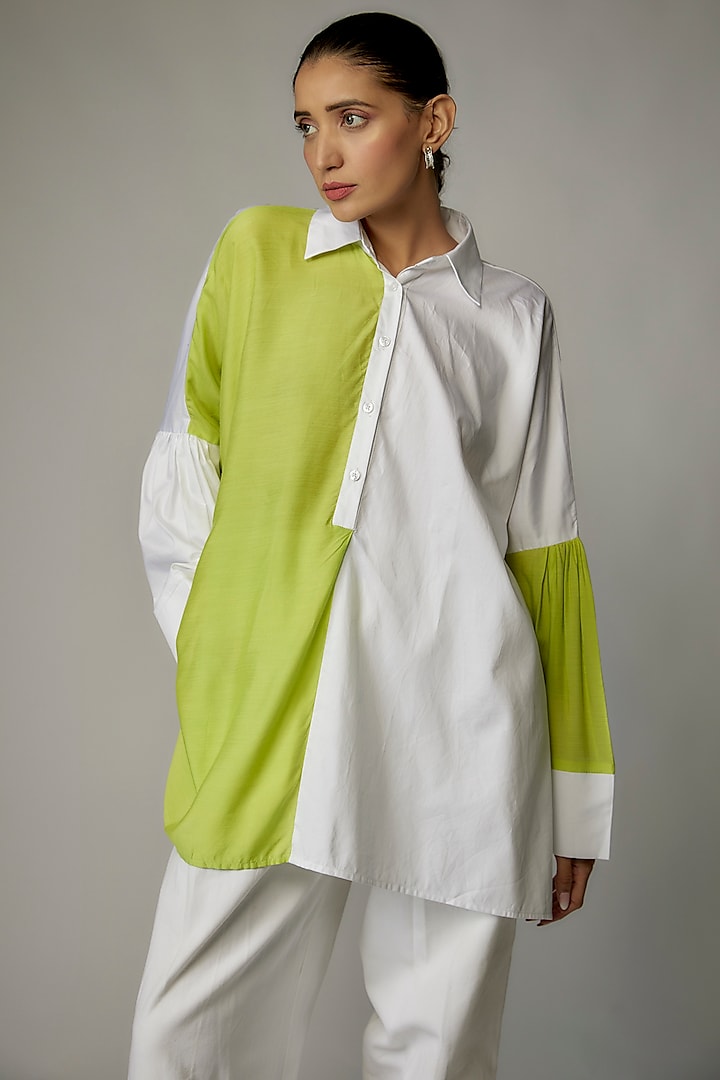 White & Green Egyptian Cotton Color Blocked Oversized Shirt by The Circus by Sana Shah Bhattad