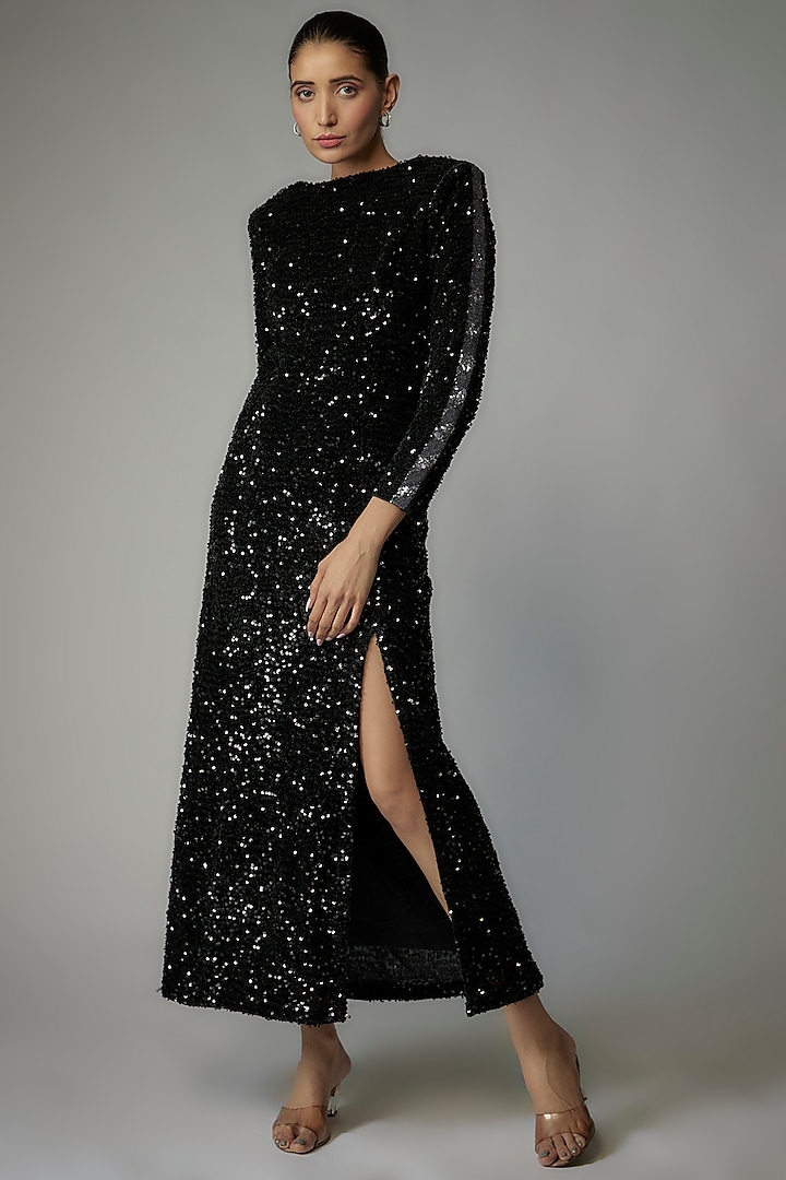 Black Velvet Sequins Gown by The Circus by Sana Shah Bhattad