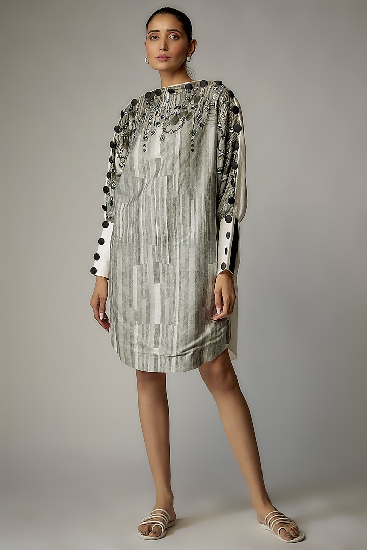 Silver Egyptian Cotton Swarovski Crystal Embellished Shirt Dress by The Circus by Sana Shah Bhattad