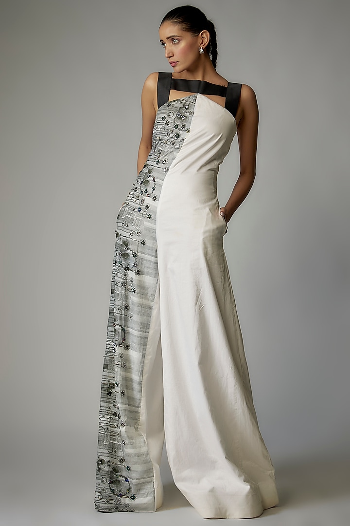 White & Grey Egyptian Cotton Printed & Embellished Jumpsuit by The Circus by Sana Shah Bhattad