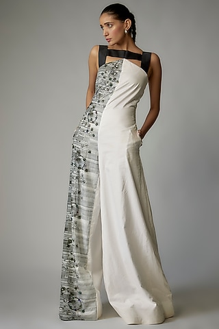 White & Grey Egyptian Cotton Printed & Embellished Jumpsuit by The Circus by Sana Shah Bhattad
