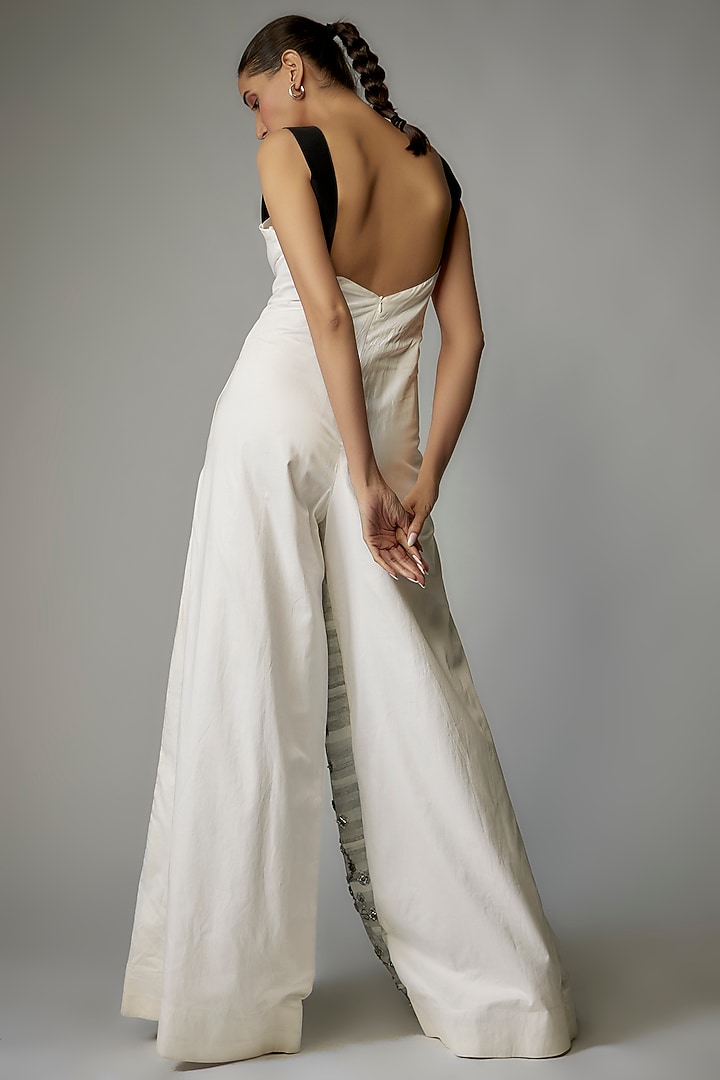 White & Grey Egyptian Cotton Printed & Embellished Jumpsuit by The Circus by Sana Shah Bhattad at Pernia's Pop Up Shop