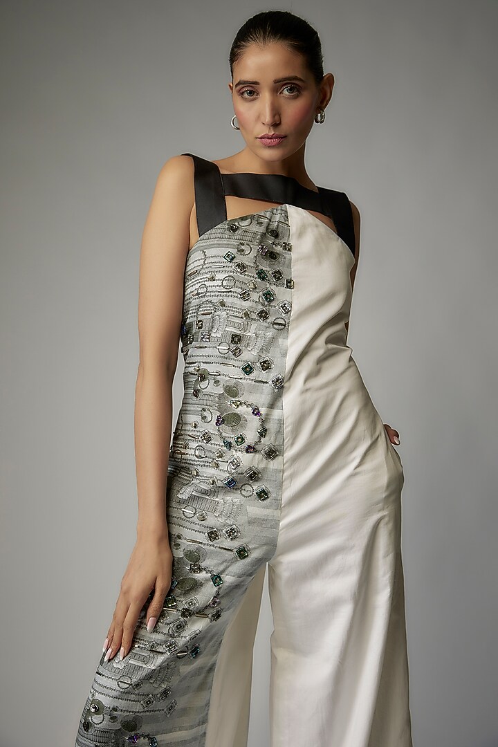 White & Grey Egyptian Cotton Printed & Embellished Jumpsuit by The Circus by Sana Shah Bhattad at Pernia's Pop Up Shop