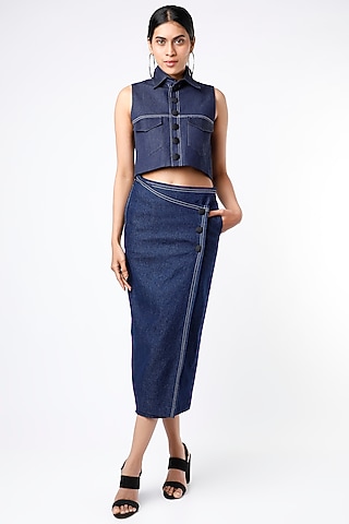 Cobalt Blue Denim Wrap Skirt by The Circus by Sana Shah Bhattad
