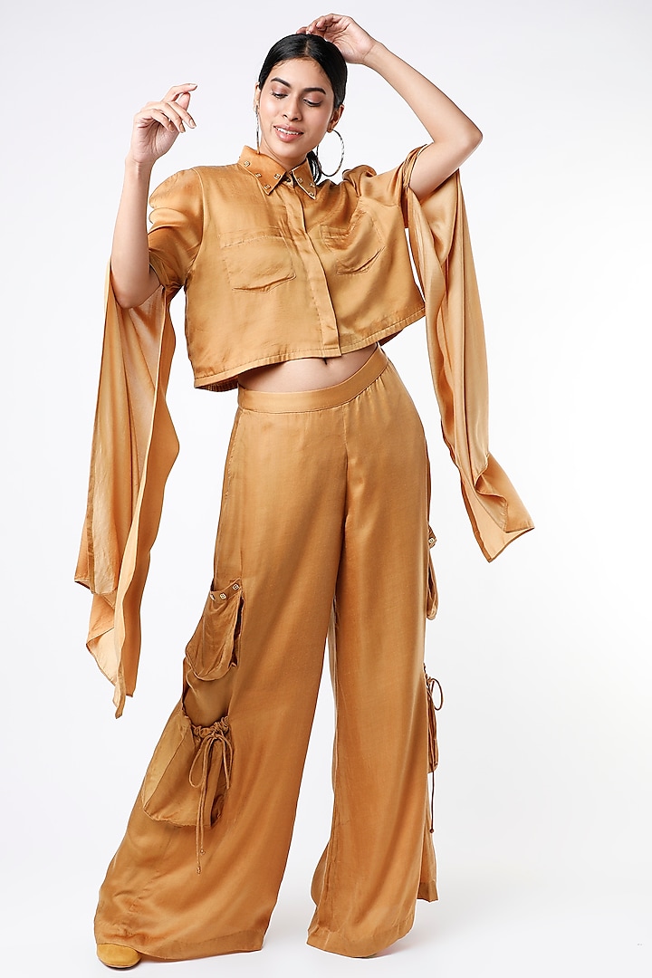 Burnt Yellow Cotton Satin Crop Top by The Circus by Sana Shah Bhattad