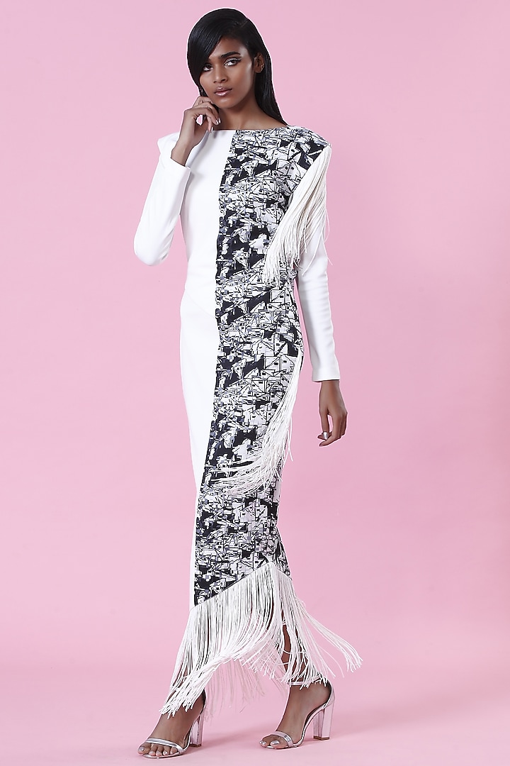 White & Black Printed Gown by The Circus by Sana Shah Bhattad