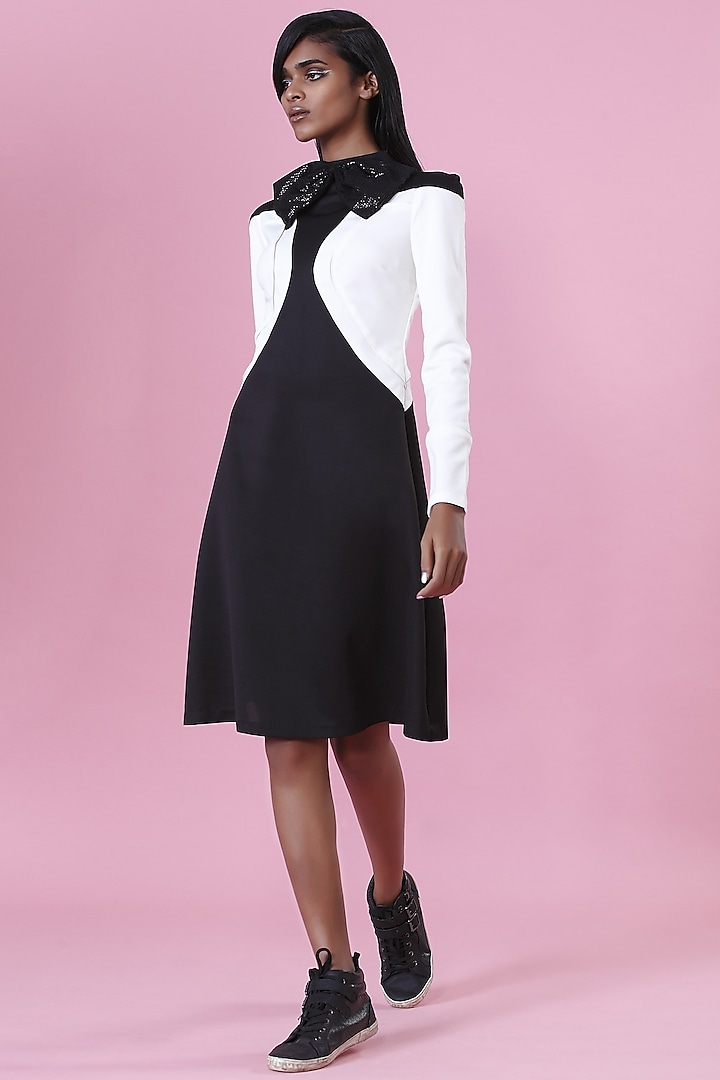 White & Black Color Blocked Dress by The Circus by Sana Shah Bhattad