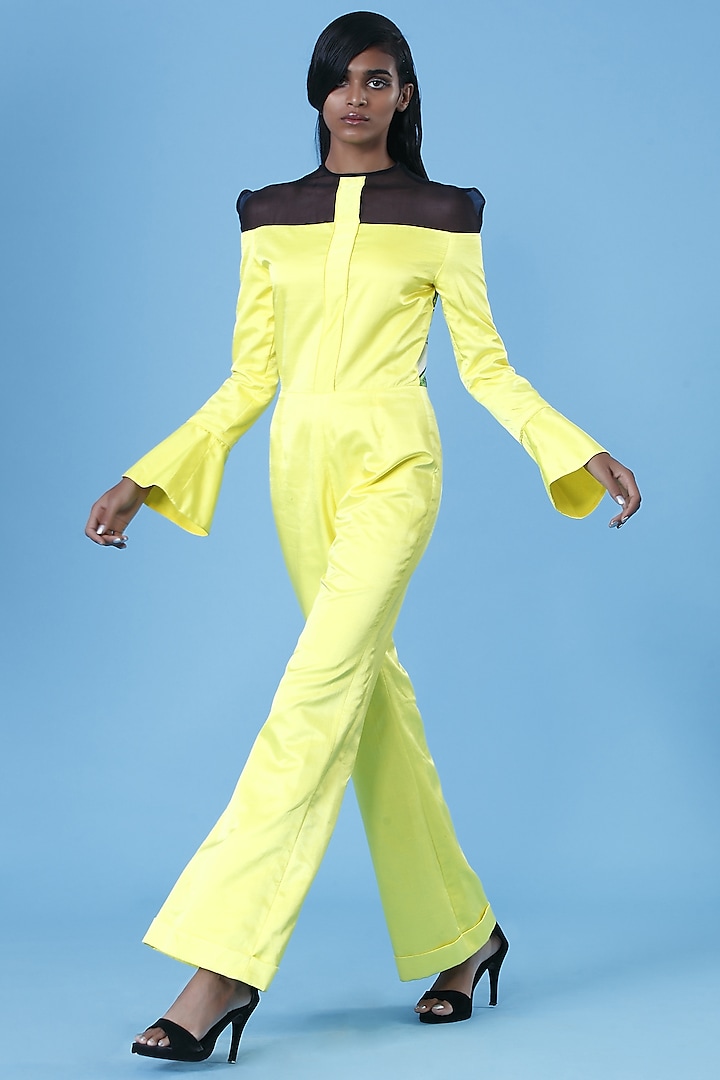 Lime Yellow Sheer Jumpsuit by The Circus by Sana Shah Bhattad