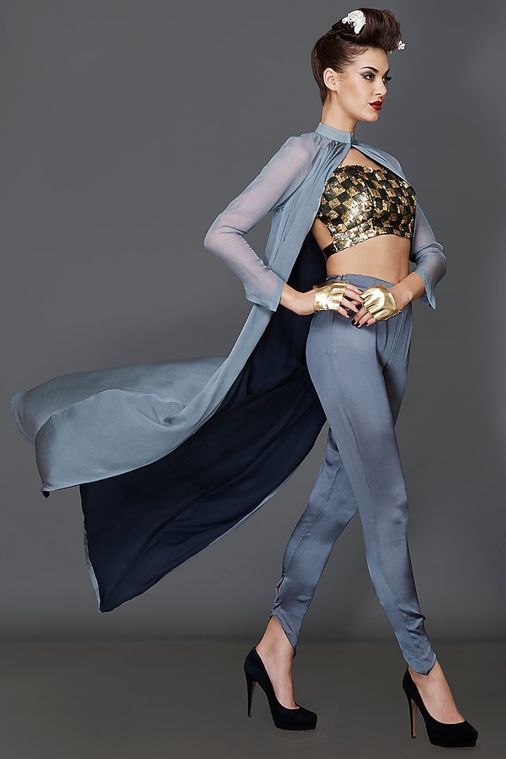 Charcoal Grey Cotton Satin Cape Set by The Circus by Sana Shah Bhattad