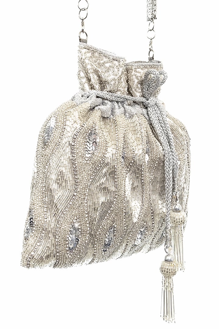 Light Silver Hand Embroidered Potli by SG BY SONIA GULRAJANI at Pernia's Pop Up Shop