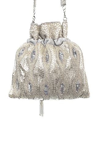 Light Silver Hand Embroidered Potli by SG BY SONIA GULRAJANI