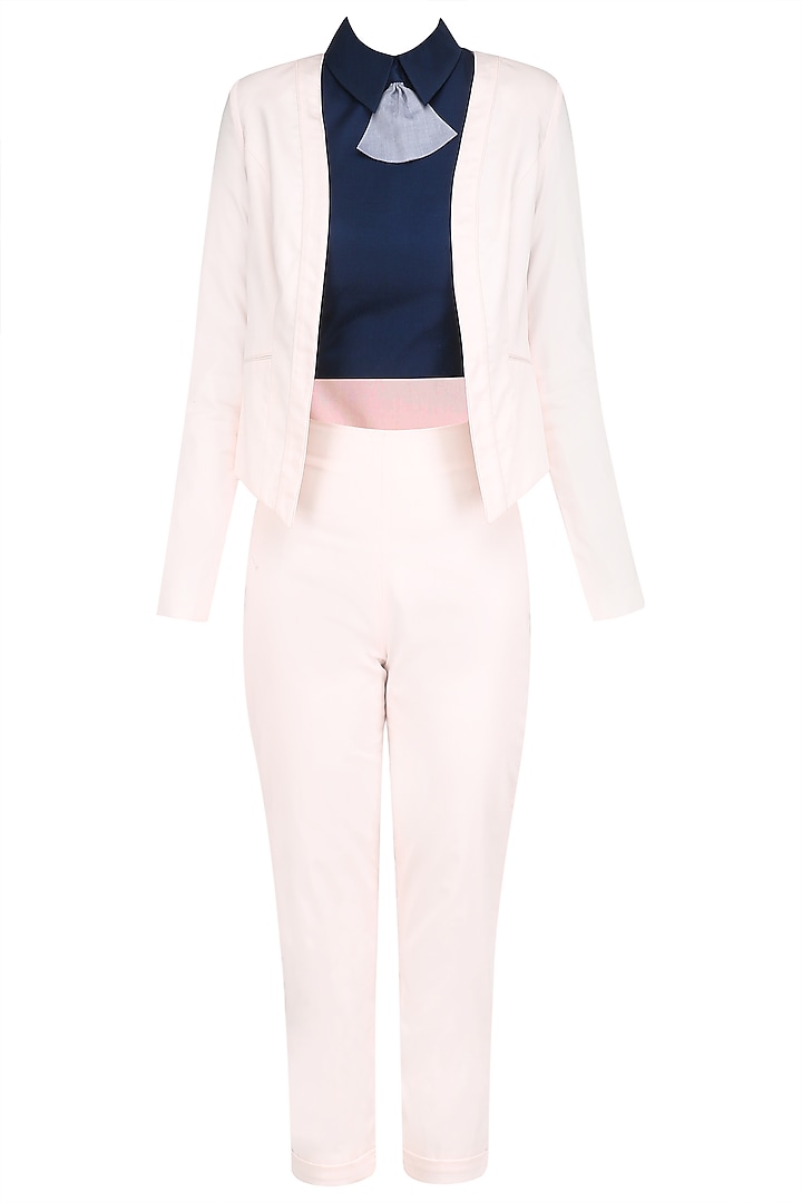 Powder Pink Pantsuit with Navy Blue Peplum Collar Crop Top by The Circus by Sana Shah Bhattad